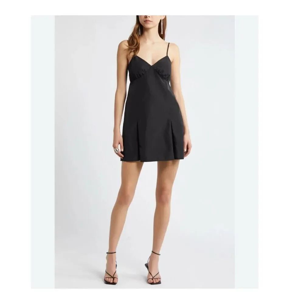 Open Edit Taffeta Pleated Sleeveless Minidress in Black size medium